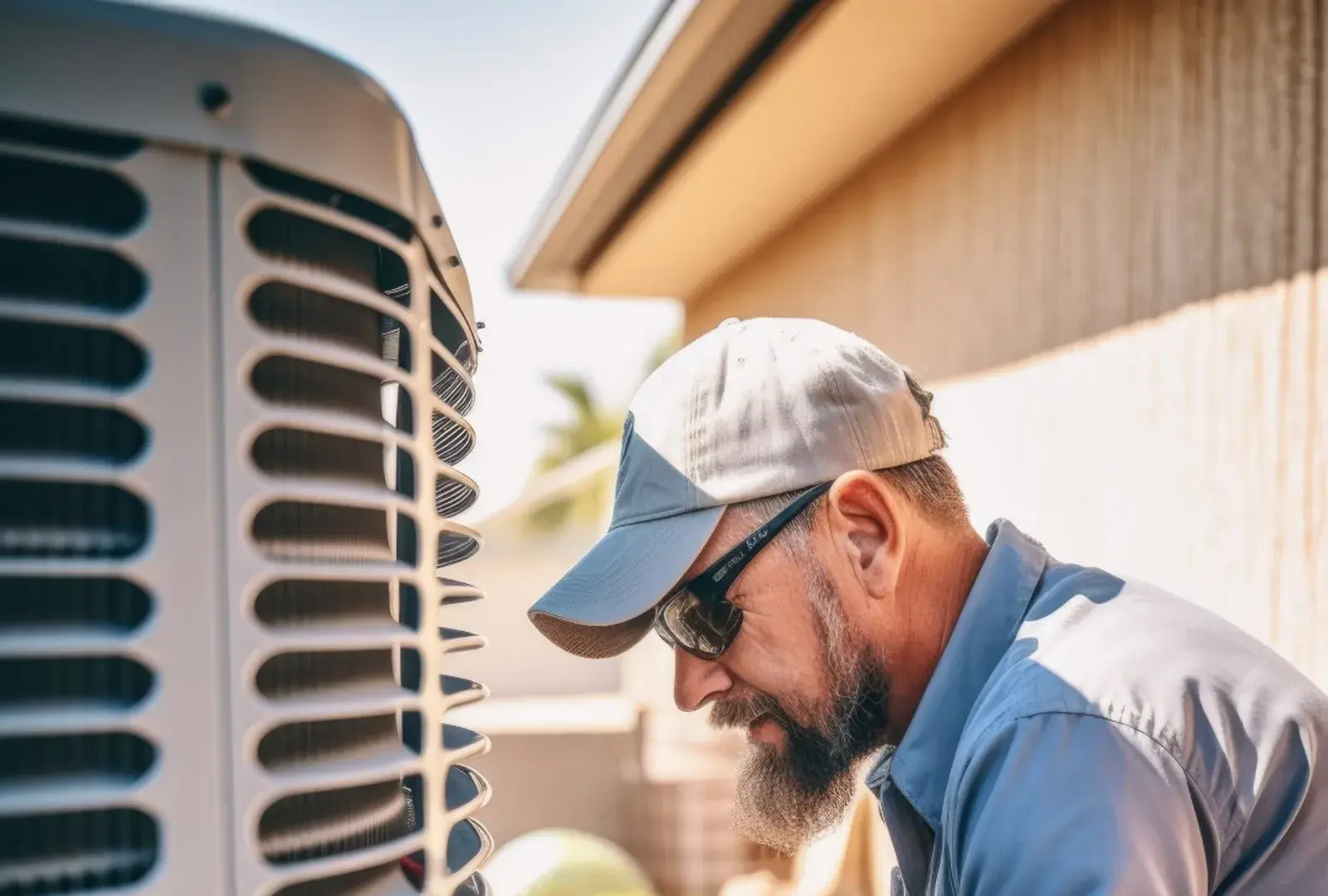 A/D Air Conditioning & Heating technician servicing a home AC unit in the Los Angeles area