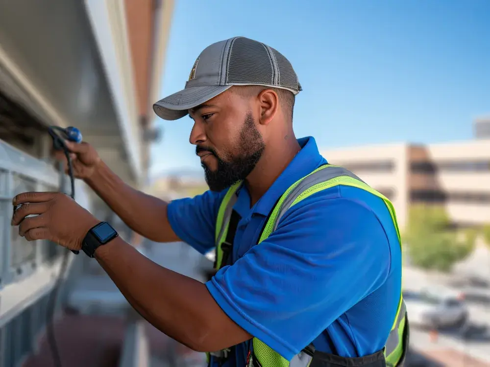 A/D technician repairing a central air conditioning condenser in Los Angeles, CA